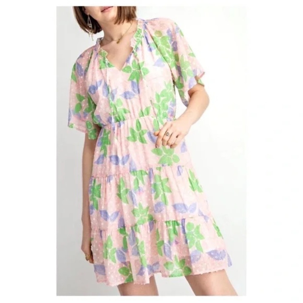 ❄️ Heyson | Floral Print Swiss Dot Tiered Hem Ruffle Neck Dress Medium